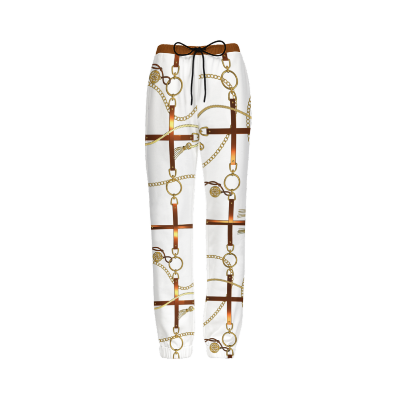 White pant with brown belt chain print on white background