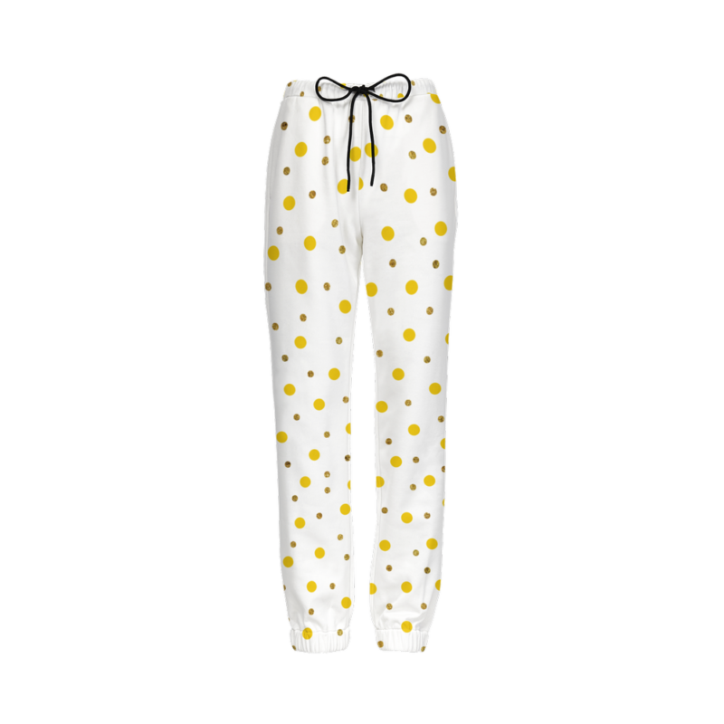 White pant with yellow polka dots on display of the website