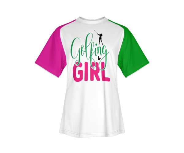 Golfing Girl Womens Jersey on a white background