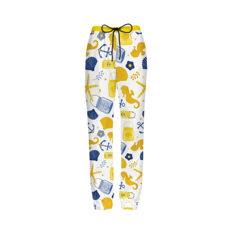 White and yellow pant with blue color design print