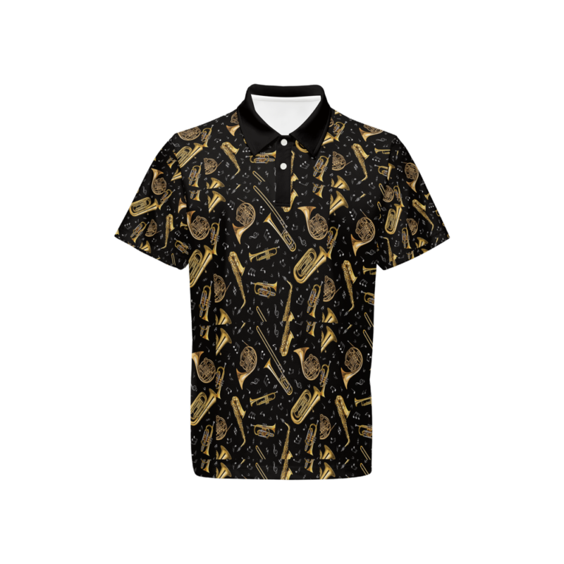 A black and gold pattern on a mens shirt