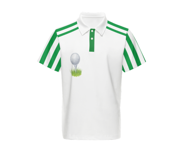 A white and green polo shirt on a white background