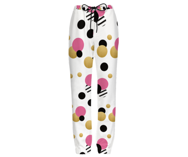 White pant with black, pink and cream polka dots design