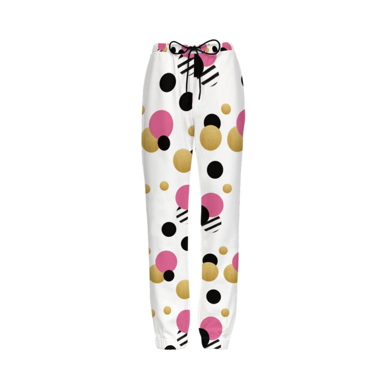 White pant with black, pink and cream polka dots design