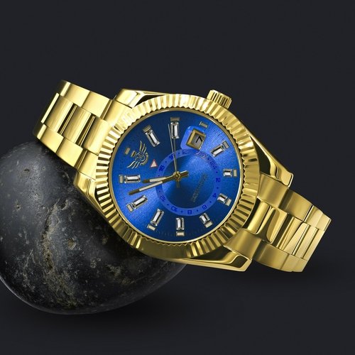Steel watch with blue dial placed on the black stone