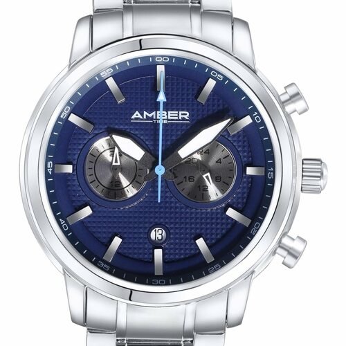Steel watch with blue dial on white plain background