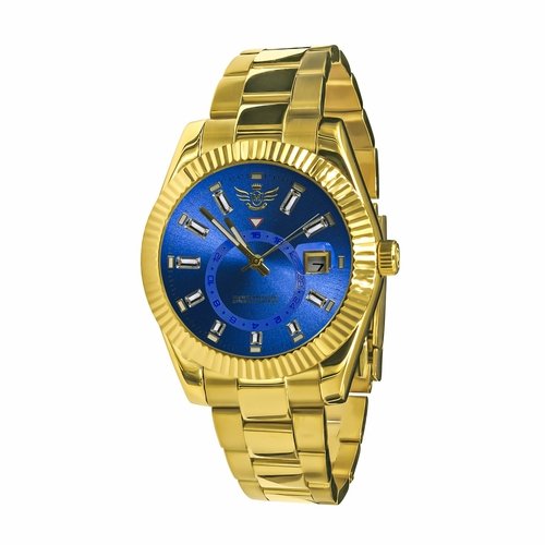 Steel watch with blue dial on plain white background
